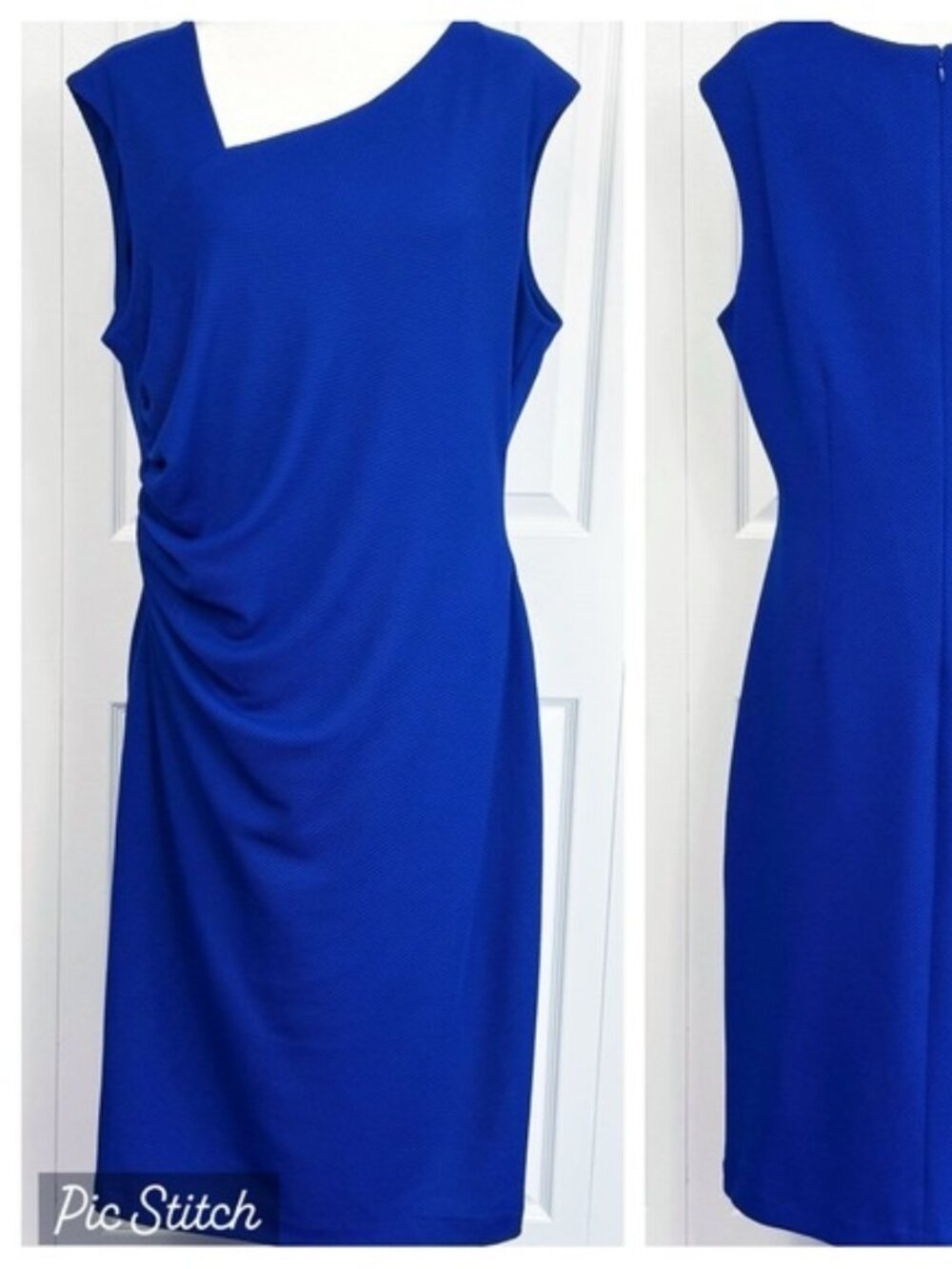 NWT Kasper Royal Blue Textured Knit Asymmetric Side Ruched Sheath Dress